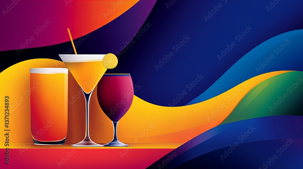 Poster three vibrant cocktail glasses are displayed against a multicolored abstract background, creating a 