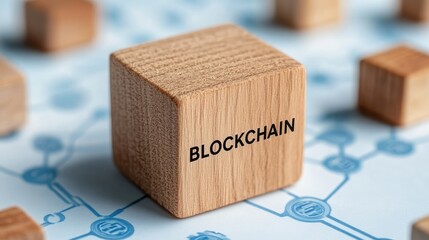 Wooden Block with Blockchain Text on Digital Network Background
