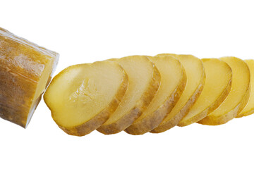 Fresh sliced green pickles isolated over white. Pickled cucumber.