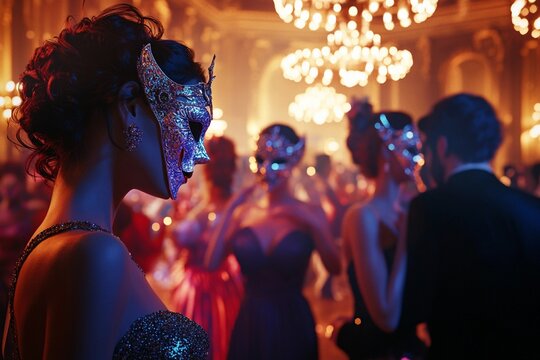 A masquerade ball with guests donning intricate and elaborate masks, creating an air of mystery and elegance