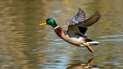 Obraz premium Majestic mallard duck takes flight over calm water during sunrise at a tranquil lake