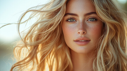 Fototapeta premium Close Up Portrait Of Beautiful Young Woman With Freckles And Blond Hair At Beach In Sunny Day