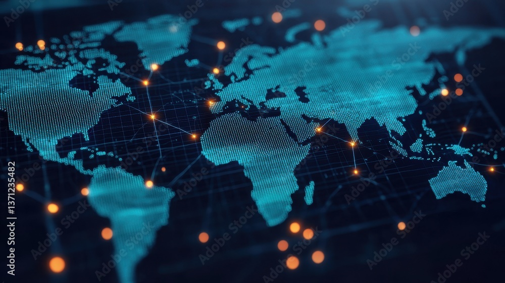 Poster a digital map of the world, showcasing interconnected nodes with glowing lines, representing global 