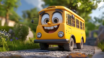 Cute yellow bus with smiling face in a nature background picture