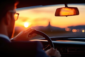 Man Driving a Car at Sunset with Sunlit Horizon and Calm Evening Ambiance