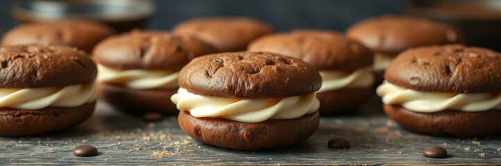 Homemade chocolate whoopie pies with creamy filling arranged on a rustic wooden surface
