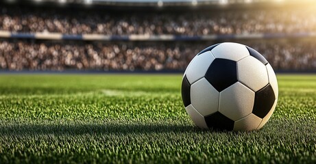 Fototapeta premium Soccer ball on grass field during match or training · Football sport visuals for ads, posters, tournaments and sports marketing