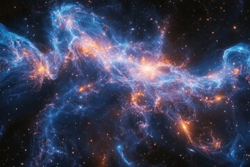 galaxy cluster connected by filaments, the cluster glowing in outrageous shades of cosmic fire, sprinkled with fiery blue and pale stars like diamond dust