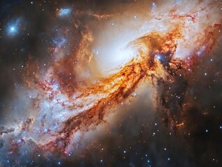 galaxy transforming after a merger, framing the disarray of disrupted spiral arms, dying stars, and forming nebulae