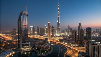 Fototapeta premium Stunning Dubai skyline at twilight glittering skyscrapers waterways modern architecture night