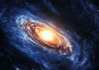 A vibrant galaxy with a glowing center and swirling blue and orange arms, resembling a spiral galaxy structure