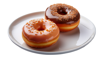 Delicious Donuts Duo: A close-up shot of two delectable donuts resting on a pristine plate, each boasting a glossy glaze and tempting toppings, promising a moment of sweet indulgence.