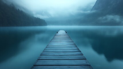 Fototapeta premium Peaceful misty lake with wooden dock high resolution hd image