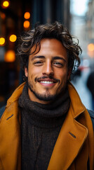 Fototapeta premium Joyful Young Man with Stylish Hair and Trendy Clothes Smiling Outdoors, Exuding Positive Energy and Happiness