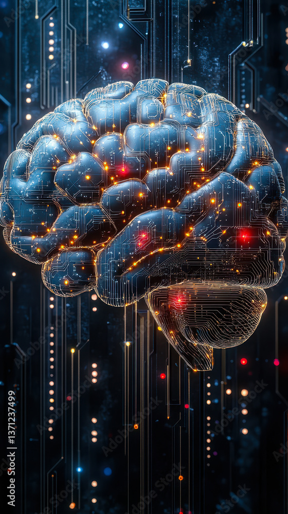 Poster digital brain with integrated circuitry representing artificial intelligence and machine learning co