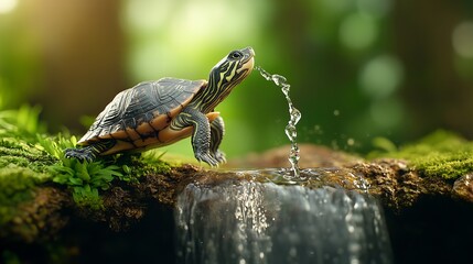 Turtle is drinking water from a small waterfall surrounded by moss and greenery in an outdoor setting.