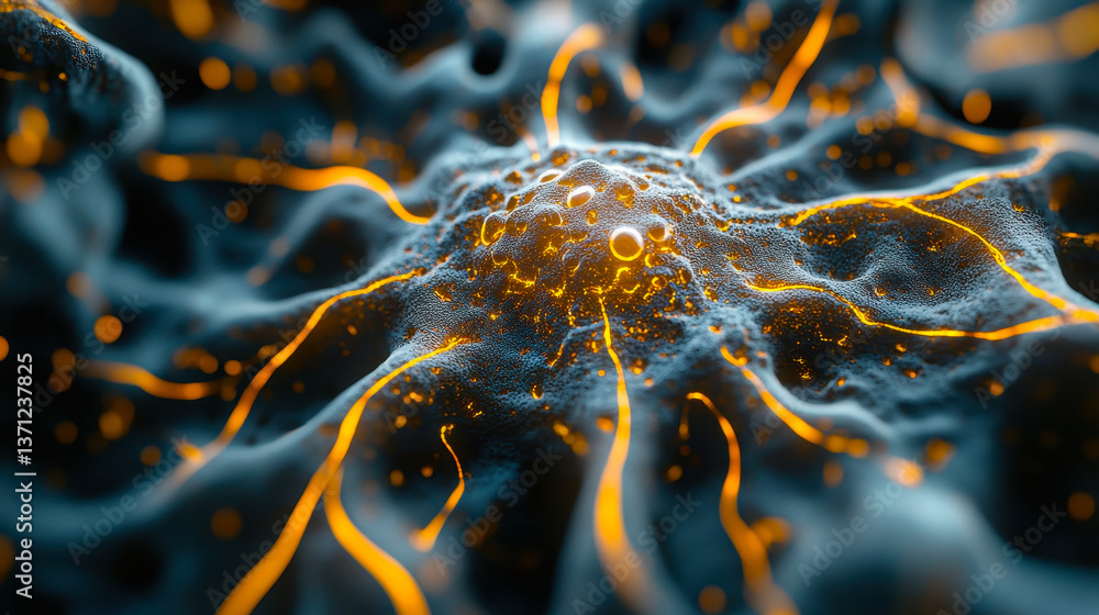 Poster closeup of neural cell with intricate yellow outlines in nervous system, showcasing detailed pattern
