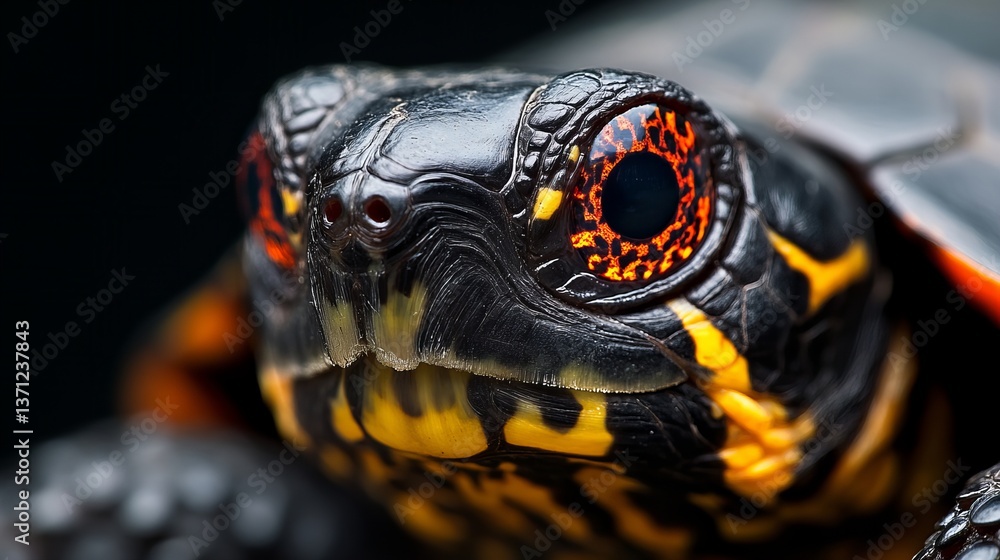 Poster turtle is showing its patterned head and brilliant eye in a close-up shot against a dark background.