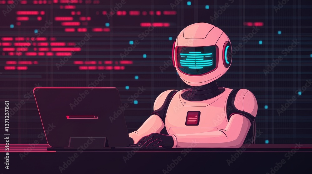 Poster a futuristic robot sits at a laptop, surrounded by digital code, showcasing advanced technology and 