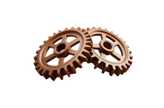 Two brown gear wheels 3D render icon representing machinery mechanical functionality