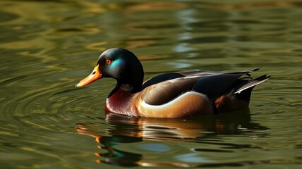 Obraz premium Colorful duck swimming gracefully in a serene pond with rippling water under soft sunlight