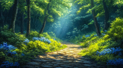 Fototapeta premium Enchanting Forest Path with Glowing Sunlight and Vibrant Blossoms, Fantasy Landscape Illustration for Relaxation and Imagination