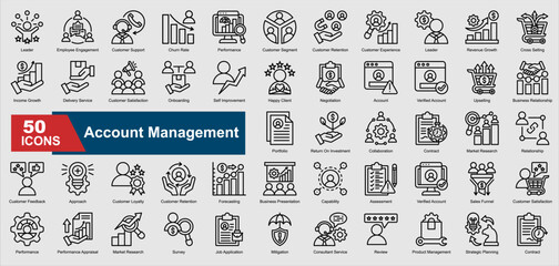 A collection set of line Account Management icons. Includes customer retention, negotiation, portfolio, sales funnel, collaboration, and more. Perfect for illustration and design.