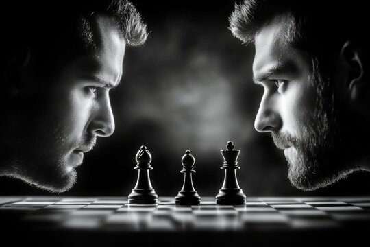 Intense chess match between two focused young caucasian males in dramatic black and white