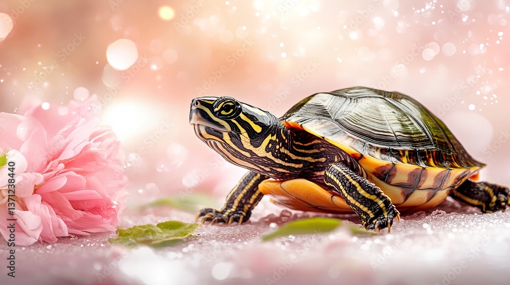 Poster turtle is standing beside a pink flower with a blurred bokeh background, displaying its shell and pa