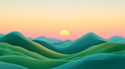 Obraz premium Mountain range with a sun in the sky. The sun is setting. The mountains are green