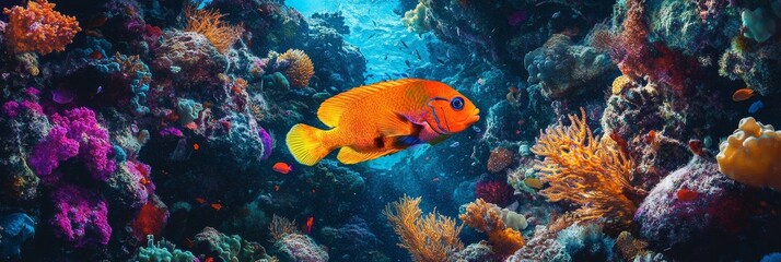 Obraz premium Orange fish swims through vibrant coral reef