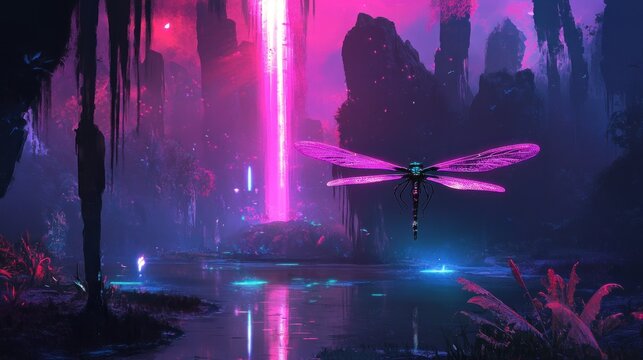 Luminous dragonfly amidst futuristic landscape, glowing flora and structures in neon colors
