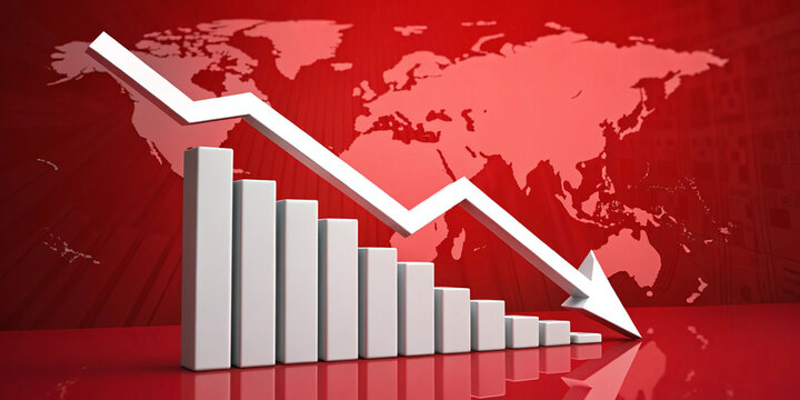 Crisis finance graph down arrow business chart recession economy investment concept on red global inflation 3d background with loss financial stock price growth economic bankruptcy decrease diagram.