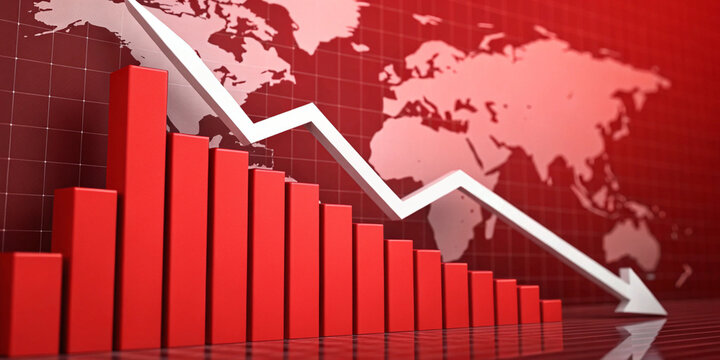 Crisis finance graph down arrow business chart recession economy investment concept on red global inflation 3d background with loss financial stock price growth economic bankruptcy decrease diagram.