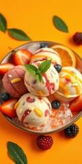 Obraz premium Colorful ice cream assortment with fresh fruits and vibrant background on a sunny day