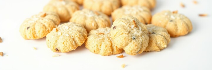 Soft and crunchy coconut cookies arranged beautifully on a white surface with a sprinkle of sea salt