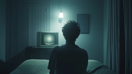 Silhouette of a Person Watching an Old Television in a Dimly Lit Room Retro Atmosphere Nostal