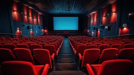 Fototapeta premium Empty Cinema Theater: Red Seats and a Large Screen