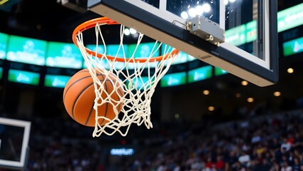 Basketball going through hoop and net in indoor arena with blurred spectators. Successful score concept.
