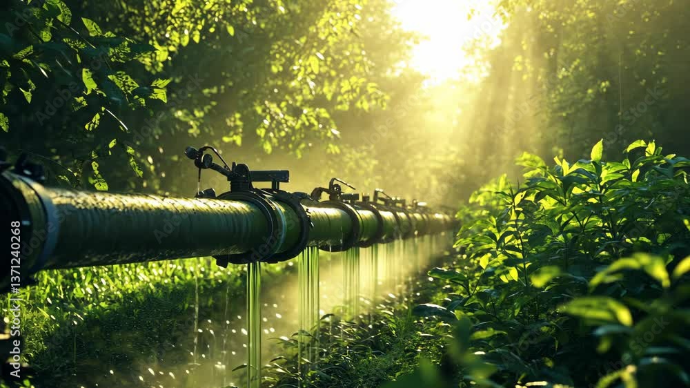 Aufkleber water flows through a pipeline surrounded by lush greenery in a tranquil forest setting during golde