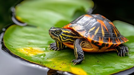 Obraz premium Turtle rests on a green lily pad in the water, displaying a vibrant shell and striped facial markings.