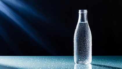 Glass Water Bottle Standing Alone on a Transparent Field with Droplets Shining Clearly
