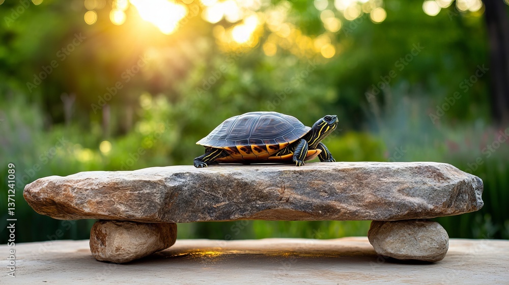 Poster turtle rests on a stone platform with soft sunlight filtering through the out-of-focus green trees.