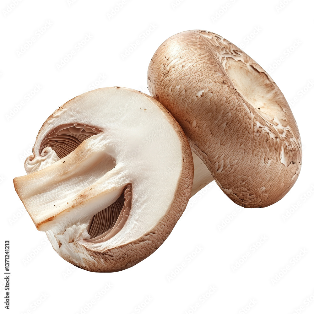 Poster fresh half champignon mushrooms isolated on a clean transparent background showcasing their unique t