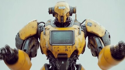 Robot with yellow body and blue screen on his chest. Smooth repetitive motion for background video animation.