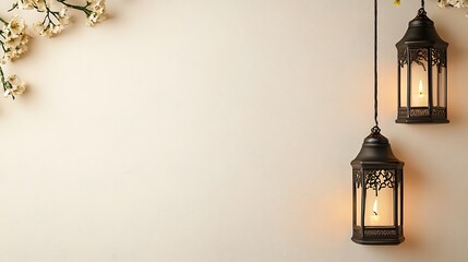 Naklejka premium Two decorative lanterns hanging with burning candles and flowers