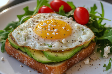 Overhead View of Egg Avocado Toast with Tomatoes and Greens on a White Plate