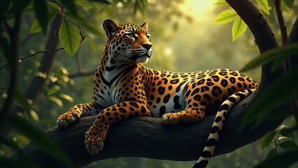 Obraz premium Jaguar Resting on Jungle Tree Branch