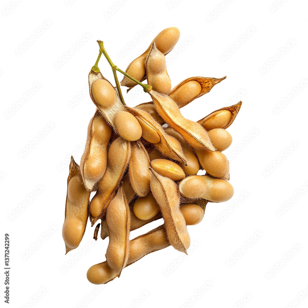 Poster a cluster of fresh soybeans with pods displayed against a bright transparent background, group of co