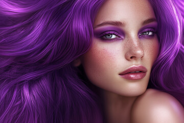 Fototapeta premium Portrait Of A Young Woman With Long Flowing Purple Hair And Glitter Makeup Showcasing Beauty And Glamour In Studio